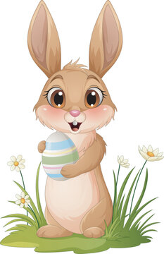 Cartoon little bunny holding Easter egg