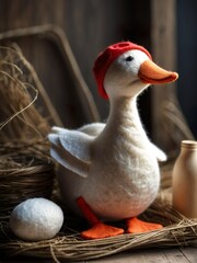 A white felted Goose toy in red cap stands next to a small handmade nest with eggs. Natural material for crafts, creativity, creation. Unique authentic art. Decor. Use your imagination. Mental health 