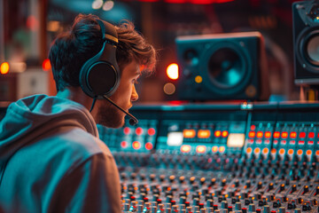 male with headphones sitting in front of a sound mixing console - obrazy, fototapety, plakaty