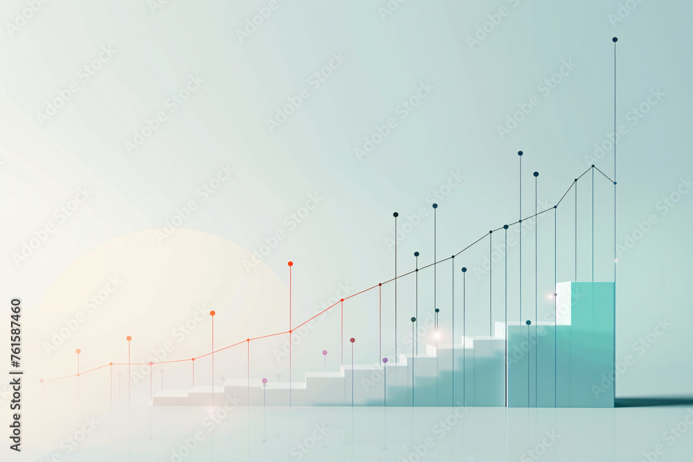 Poster pastel tone 3d graph with bars and connecting dots in perspective