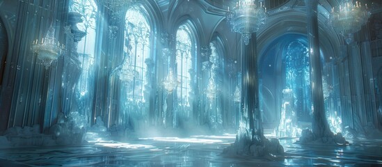 Ice Palace Interior Aglow with Frosty and Crystal Chandeliers