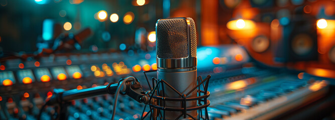 a microphone in a podcast recording studio