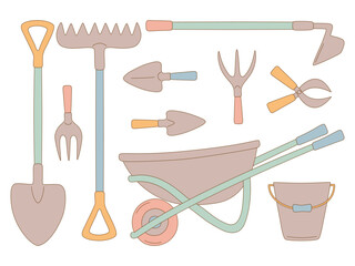 Set of gardening items. Agricultural and garden tools. Gardening and farm equipment. Vector isolated on white background