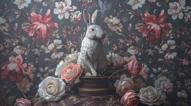 A statuesque rabbit stands poised amidst an array of soft roses against a classic floral tapestry backdrop, creating a timeless composition.