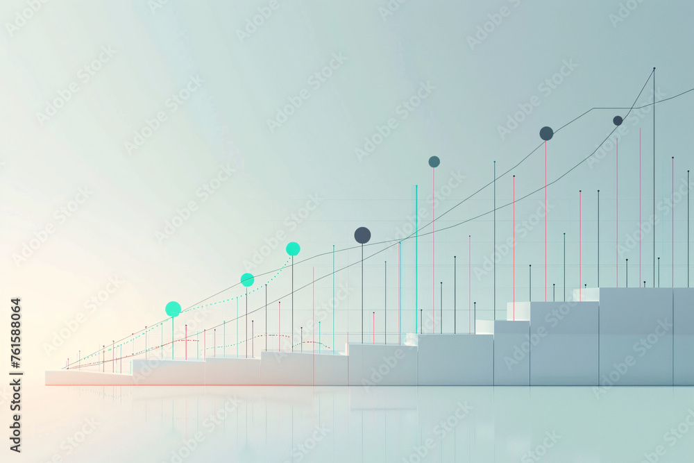 Poster simplistic 3d bar graph with points and rising lines on blue