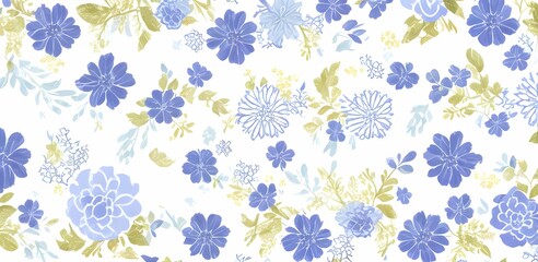 青い花と葉っぱの模様背景、包装紙、カップ、アパレルにも - 761588054