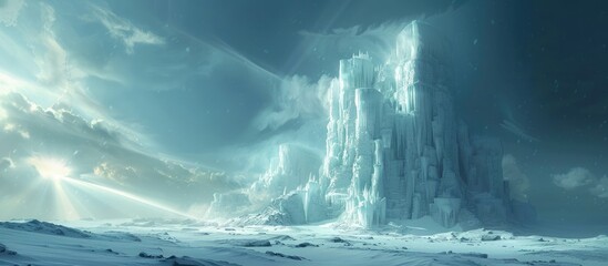 Massive Ice Castle Soaring into the Sky in a Dazzling Winter Landscape - obrazy, fototapety, plakaty