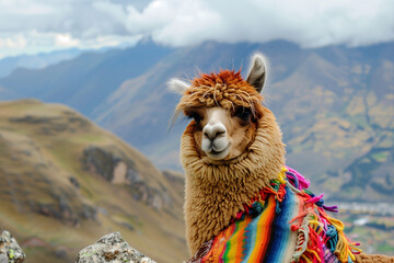 portrait of alpaca in the mountains