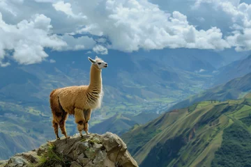 Zelfklevend Fotobehang portrait of llama in the mountains © agrus_aiart