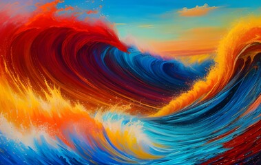 アブストラクトペイント背景、黄、赤、青、のグラデーションと波のイメージ - 761588494