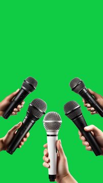 hands holding mic with interview set vertical video template on green screen background