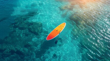 Multicolored SUP board on a blue sea background