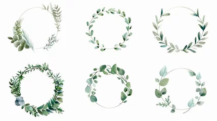 Foto op Aluminium Modern watercolor frame set of flowers, leaves and grass, isolated on white. Sketched wreath and herb garland with greenery color. Handdrawn Modern Watercolour style. © Mark