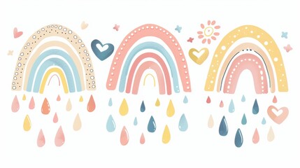 An adorable modern pastel rainbow set isolated on white background with a heart and drops