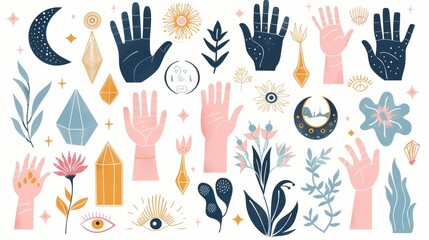 Hands, moon, crystals, quartz, floral, plants, cats, eye and other magic elements. Modern illustration.