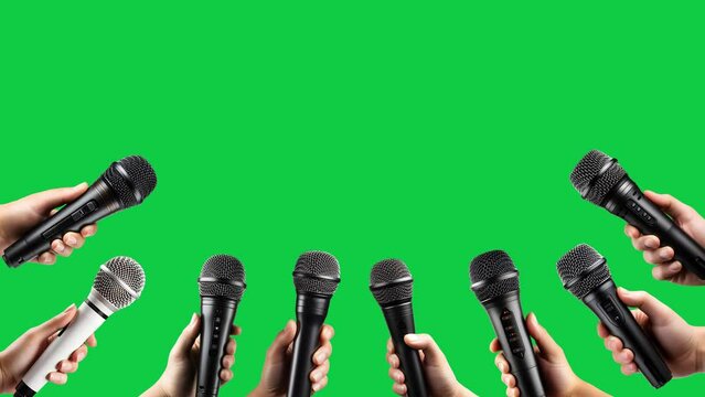 hands holding mic with interview set templates on green screen background looping