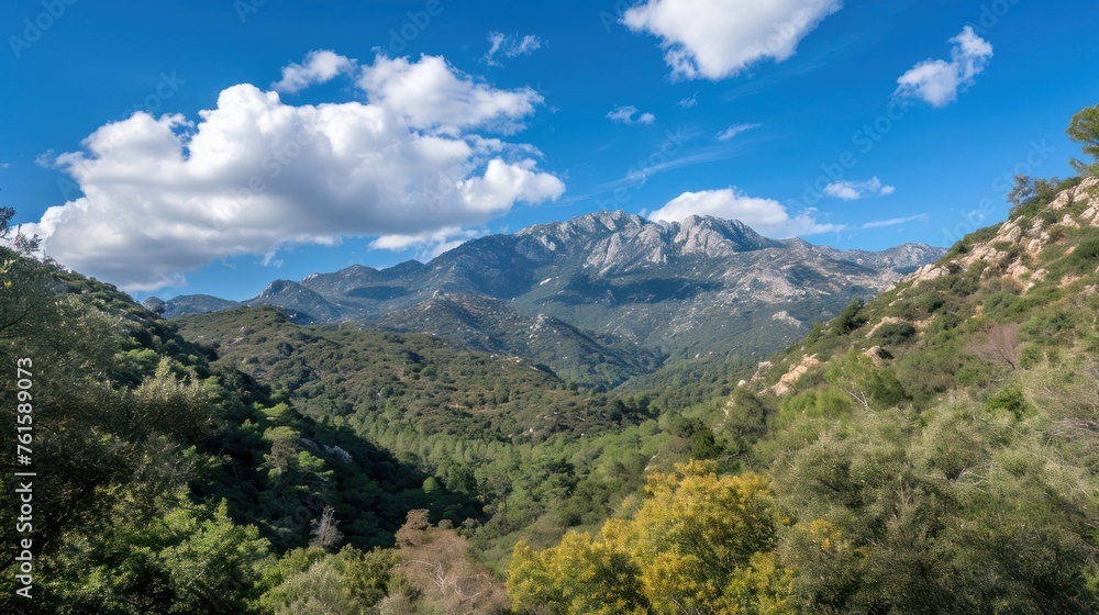 Poster panoramic view of mountain range with trees in background generative ai