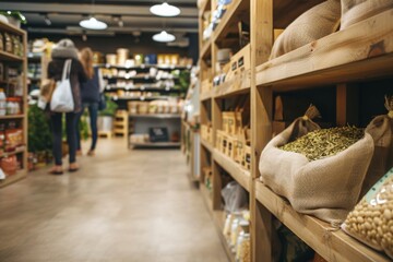 Blurred background of interior in zero waste shop. Customers buying dry goods and bulk products in plastic free grocery store. Conscious shopping, sustainable small businesses, minimalist lifestyle. - obrazy, fototapety, plakaty