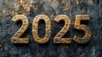 Christmas lettering, New year 2025 golden numbers on black textured background, AI generative image