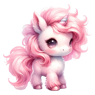 Cute pink unicorn Watercolor clipart.	