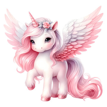 Cute pink unicorn Watercolor clipart.	