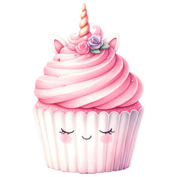 Pink cupcake unicorn Watercolor clipart.