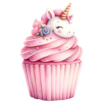 Pink cupcake unicorn Watercolor clipart.