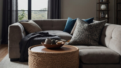 A contemporary room setting with a sleek basket holding a plush pillow, blending modern design with inviting comfort.