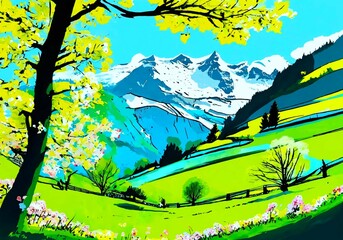 Mountain landscape. Scenic/picturesque alpine village during spring bloom.