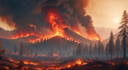 A dense forest fire with billowing smoke and bright red flames engulfing forested areas. Climate change and the threat to forest ecosystems. Climate change concept. Generated AI - 761590034