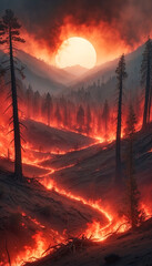 A dense forest fire with billowing smoke and bright red flames engulfing forested areas. Climate change and the threat to forest ecosystems. Climate change concept. Generated AI - 761590041