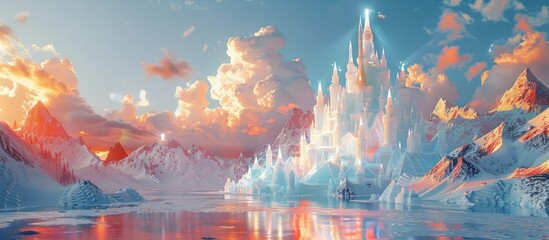 Sunlit Ice Kingdom: A Majestic Crystalline Castle Amidst Snow-Capped Mountains and Colorful Skies