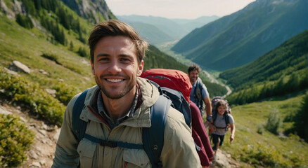 A young man of around 30 is hiking in the mountains with a backpack. Generated Ai
