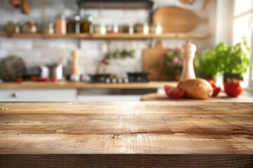 Selective focus on wooden kitchen island. empty dining table with copy space for display products. clean countertop for cooking healthy food against blurred furniture - obrazy, fototapety, plakaty