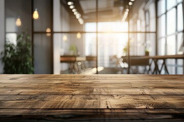An empty wooden table top with a blurred modern office space background, featuring glass walls and a bright, airy atmosphere, suitable for product display or as a clean, minimalist workspace setting.  - obrazy, fototapety, plakaty