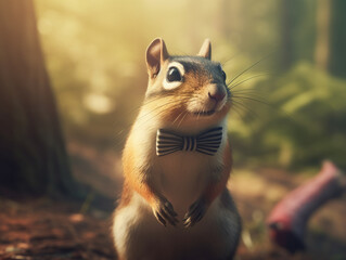Curious Chipmunk, wearing a bow tie, in a whimsical forest, as mist swirls around, 3D illustration, with soft golden hour lighting and a subtle depth of field effect
