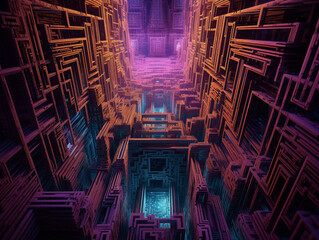 Crystal labyrinth, shimmering pathways, intricate designs, reflecting the endless darkness of a rogue planet, a world untouched 3D Render, Backlights, Chromatic Aberration - obrazy, fototapety, plakaty