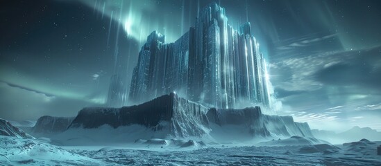 Towering Ice Castle Basks in the Glow of Northern Lights in a Wintry Landscape