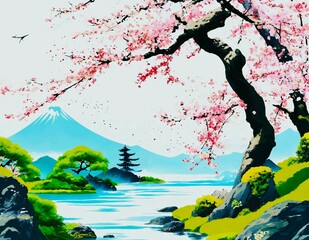 Beautiful picturesque landscape during spring bloom in Japan. A river surrounded by large stones, green grass and cherry blossom trees against the backdrop of mountains and sky.