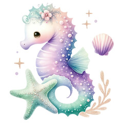 Seahorse Watercolor Illustration , Watercolor cute seahorse illustration on white background , adorable aquatic animals 