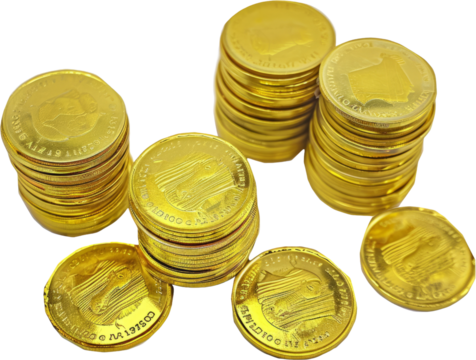 Stacks of gold coins with clover imprint, cut out transparent