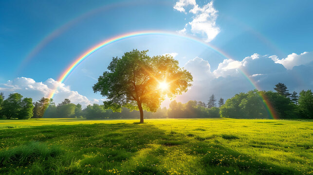 Beautiful landscape with rainbow, green field and trees