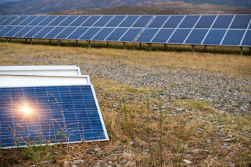 Solar power station. Broken destroyed solar panel - concept of sustainable and renewable sources.
