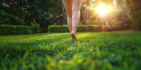 A young girl steps barefoot on the verdant green grass outdoors, closeup shot. - obrazy, fototapety, plakaty