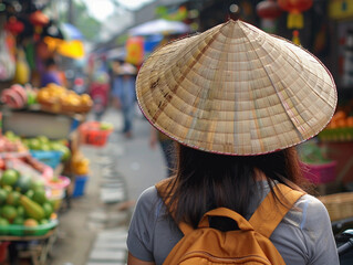 Woman traveler with backpack and hat sightseeing through the streets and street food stall markets in Asia. 