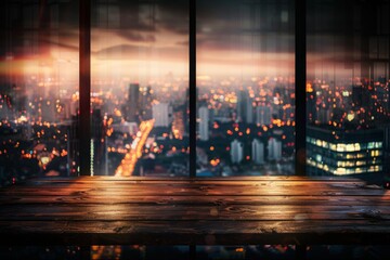 Empty wooden table with large window view through cityscape background. Concept of building office or condominium outside perspective. Finest