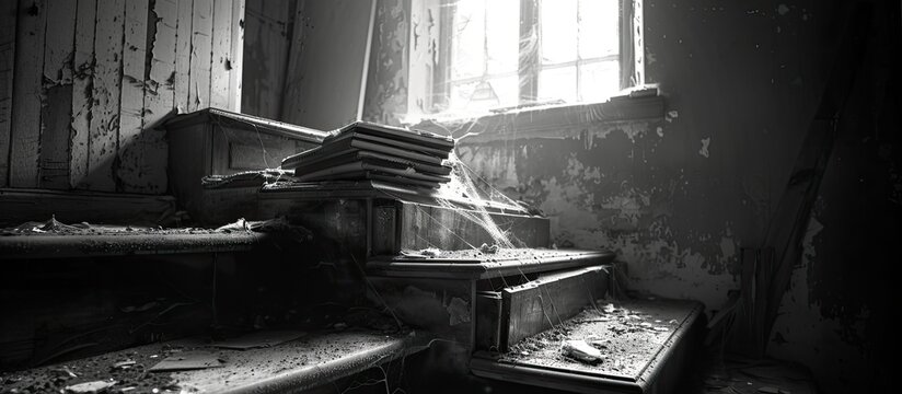 Fototapeta A monochrome photograph of a room with wooden stairs, a window and metal auto parts. The darkness adds to the mysterious still life art feel of the image