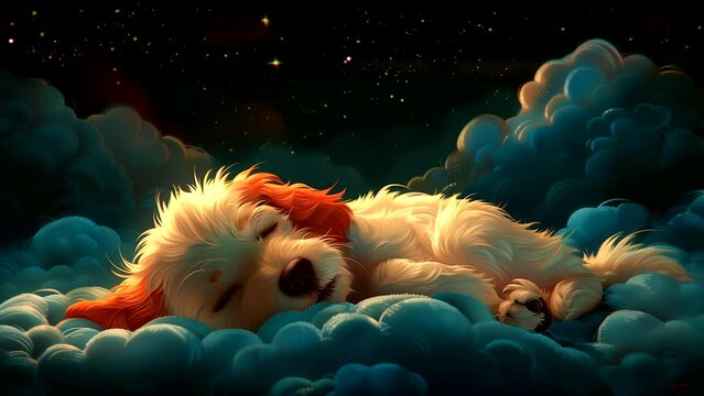 Puppy sleeping peacefully on cloud and starry sky. seamless looping 4k time-lapse animation video background