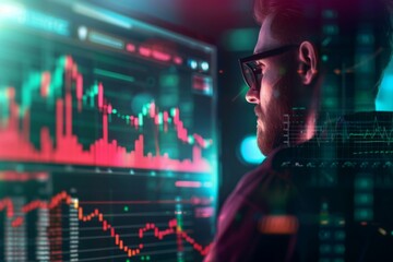 Crypto Trader Investor Analyst Broker Using Computer Analysing Online Cryptocurrency Exchange Stock Market Index Chart, Investing Money Growing Profit in Trading Platform Stock Market. - obrazy, fototapety, plakaty