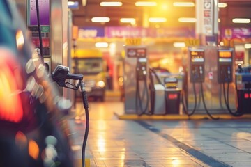 A customer filling up their car at a gas station. The background be blurred to draw attention to the fuel pump and the fueling process. - obrazy, fototapety, plakaty